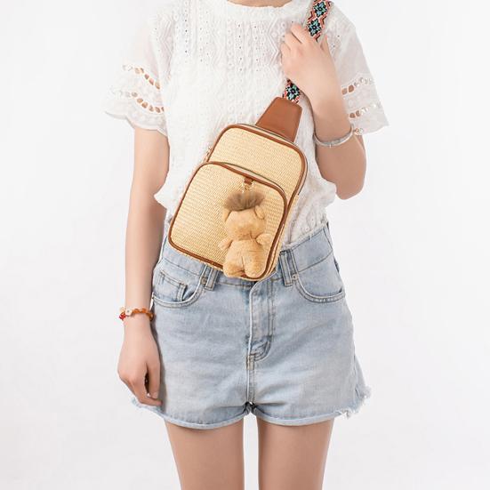 Women Crossbody Pack Straw Woven Chest Bag with Ethnic Strap Boho Shoulder Bag Crossbody Purse for Travel Vacation Street