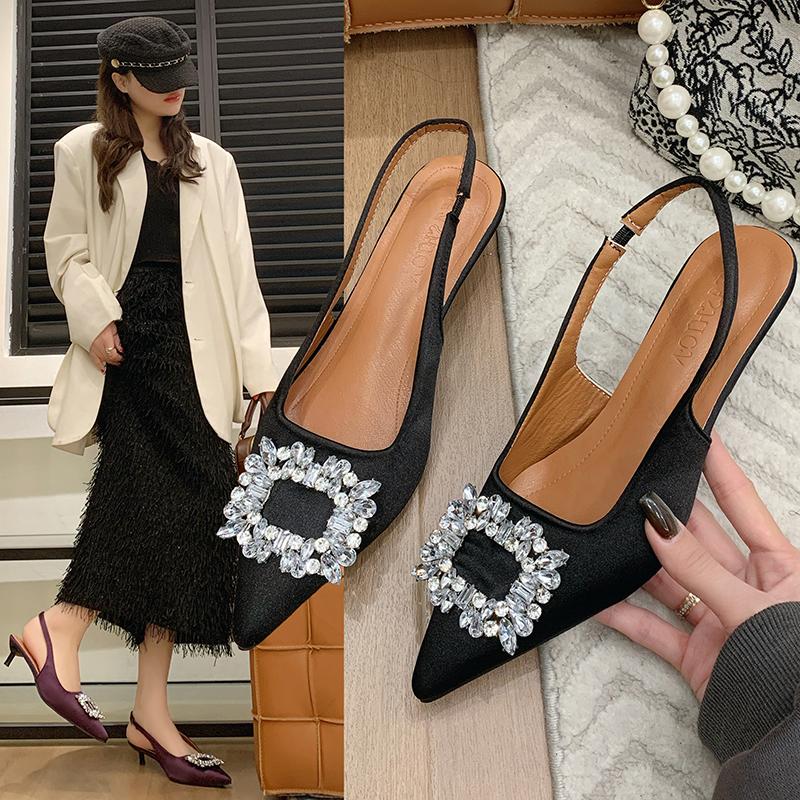 Summer Women Sandals Pointed Toe Shallow Nude Pink Diamond Shoes Low Heel Back Strappy Shoes Women Dress Shoes