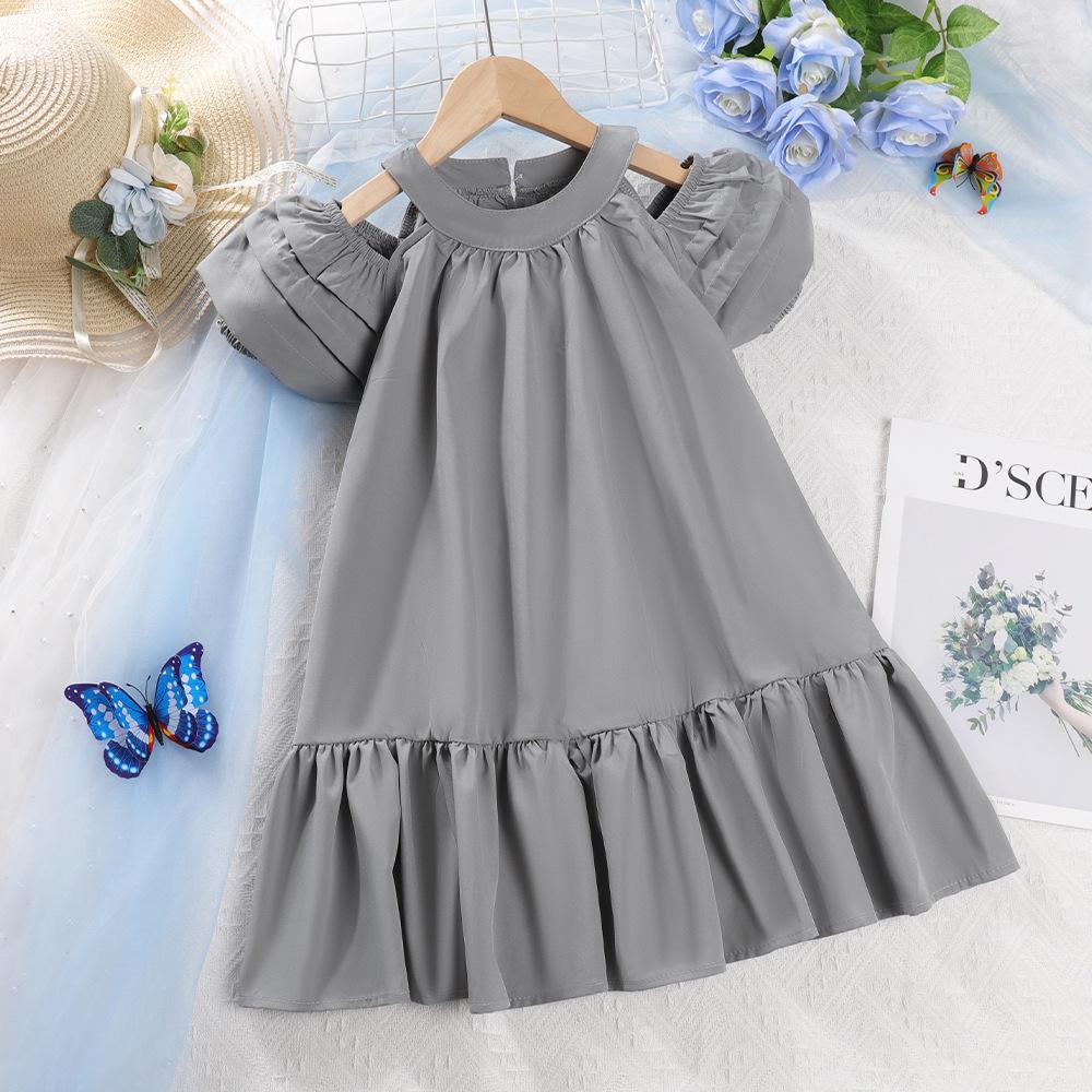 Sommerkleid für Mädchen mit Puffärmeln und Rüschen, stilvolles schulterfreies Midikleid, Koreanische Version