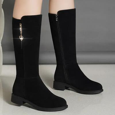 Women Warm Snow Plush Boots Snow Casual Flat All-match Cotton Fashion Side Zip 2025 Winter Shoes Thigh High Boot Black