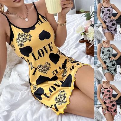 Sexy Spaghetti-Träger V-Ausschnitt Nachthemd Damen Nachthemd Sommer Locker Baumwolle Nachthemd Weiblich Niedlicher Druck Schlafkleid Leichte Nachtwäsche
