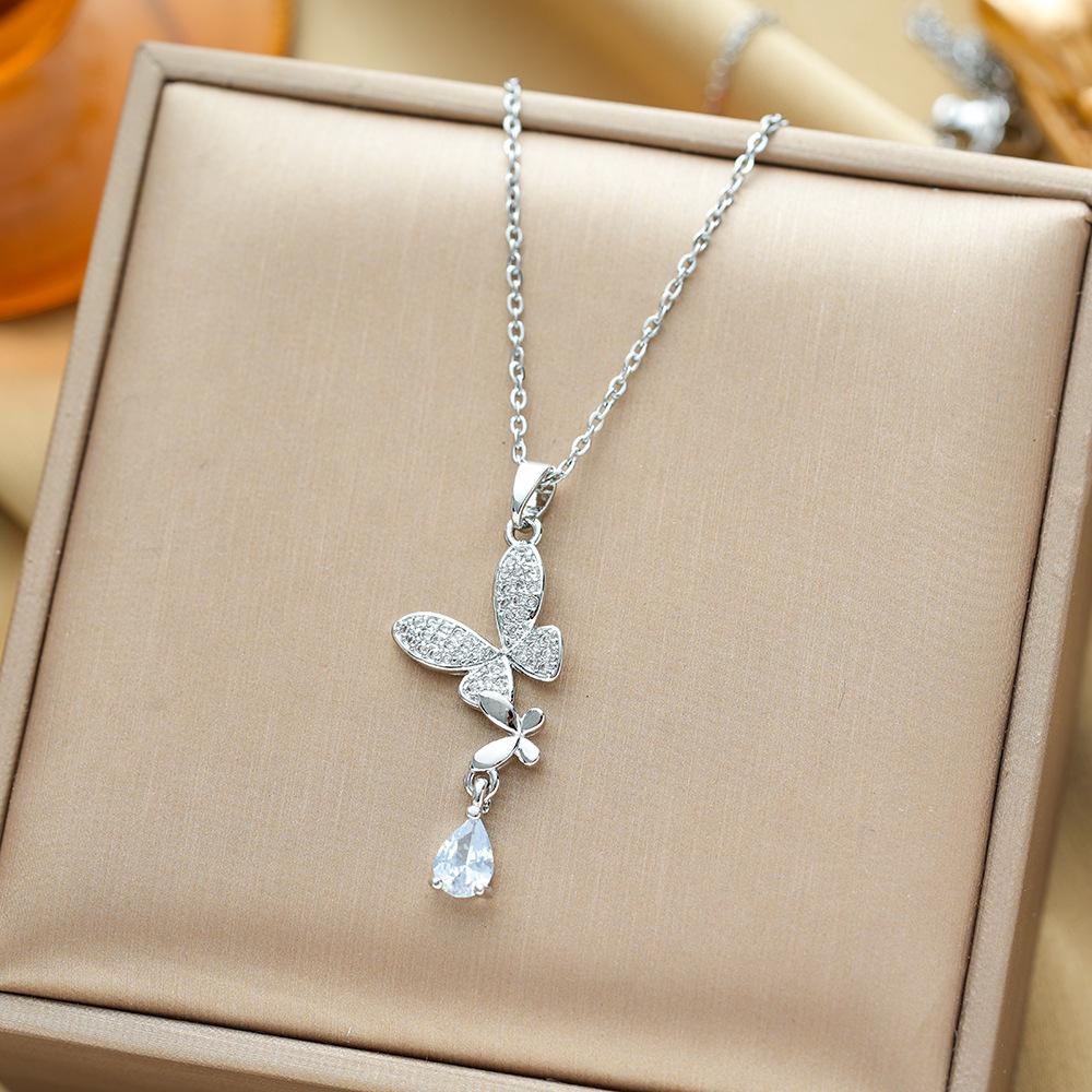 

Butterfly Titanium Steel Necklace with Fringe Tassel and Zircon Teardrop Pendant Minimalist Collarbone Chain Jewelry