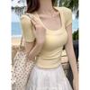 Sweet Hot Girl Low-necked Collarbone Exposed Shoulder Short-sleeved T-shirt Female Pure Lust Style Tight Waist Sexy Short Summer Top