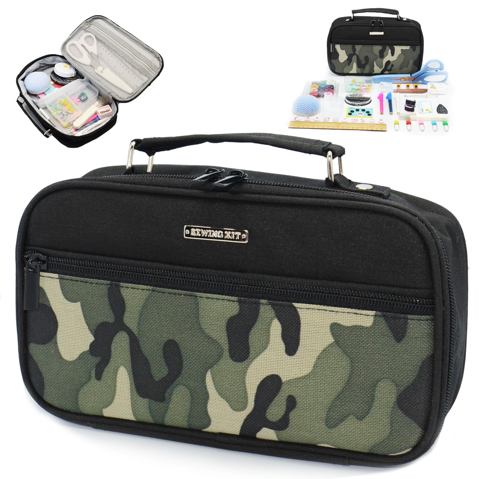 ANJOU Sewing Kit for Beginners Compact Storage Pouch Green Camouflage Pattern Unisex Portable School Home Use