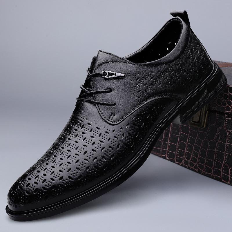 Men's Business Leather Shoes Summer First Layer Cowhide Hole Shoes Breathable Office Leather Shoes Hollow Small Leather Shoes