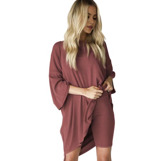 

2 Pcs/Set Women Summer Top Shorts Set Loose Three Quarter Sleeve O Neck T-shirt Slim Fit Solid Color High Waist Shorts Casual Daily Outfit Homewear L