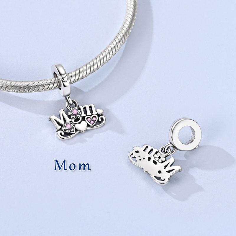 Original 925 Sterling Silver Bead Charms Pink Heart Flower Mom Pendant Fit Original Bracelet For Women DIY Jewelry Gift