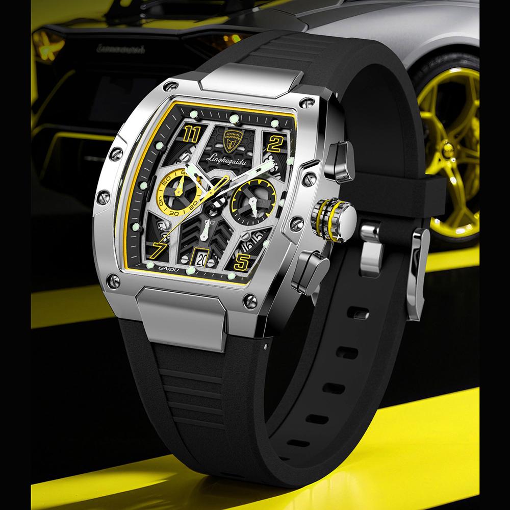 Multifunction Quartz Watches Mens Large Dial Fashion Tonneau Chronograph Watch Sports Silicone Strap,Date,Luminous