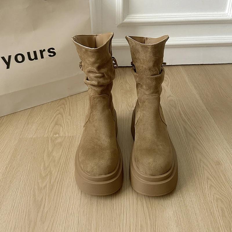 Vintage Platform Thick Bottom Women Western Ankle Boots Fashion Tassel  Slip On Shoes Autumn Winter Female Chunky Short Booties