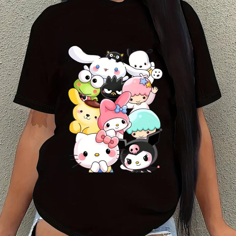 Women's T-shirt | Cute anime pattern T-shirt, loose crew neck short sleeve, casual wear for all seasons