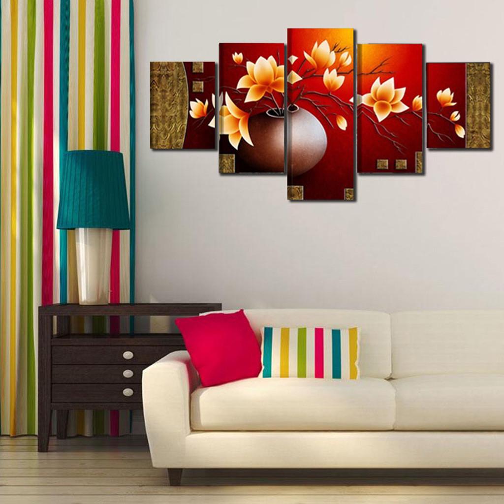 5 Piece Picture Flower Vase Canvas Art Print Oil Painting Living Room Paintings