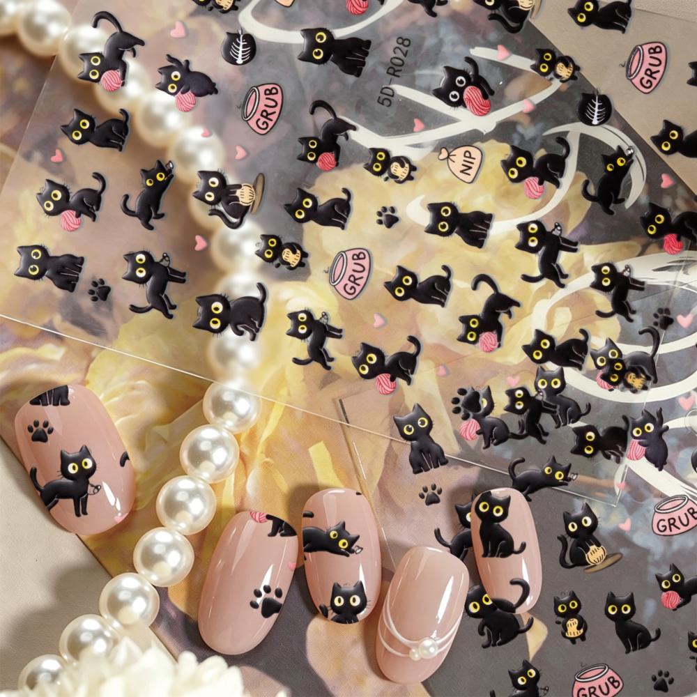 5D Cat Nail Art Stickers Black Kitten Design Self Adhesive Nail Decals for Women And Spring Summer Manicure Decor