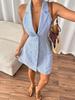 European & American Women's Backless Strappy Striped Halter Dress with Bow & Buttons