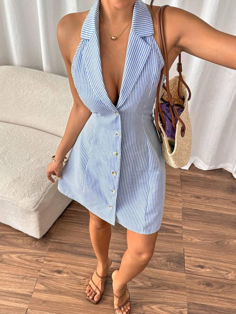 European & American Women's Backless Strappy Striped Halter Dress with Bow & Buttons