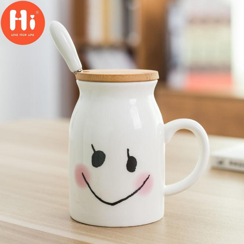 Hi Ceramic Children's Cup Breakfast Milk Tea Cup Female Student Drinking Water Home Mug with Spoon with Lid