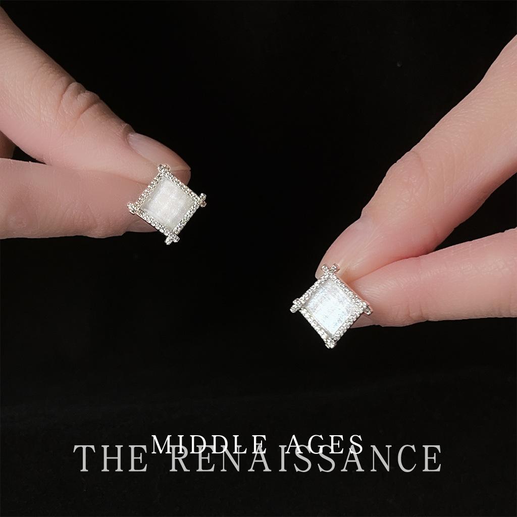 Medieval zircon geometric square earrings simple stud earrings retro commuter earrings
