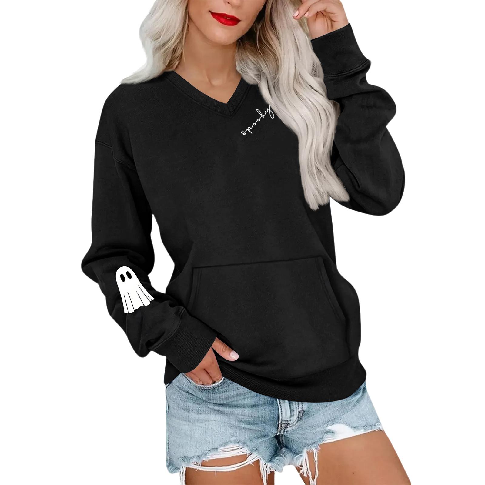 

Женская повседневная модная толстовка с V-образным вырезом и длинными рукавами с принтом на Хэллоуин, легкий пуловер с капюшоном и карманами L чёрный