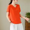 Women's Linen V-Neck Short-Sleeve Retro Top - Loose Casual Summer Style