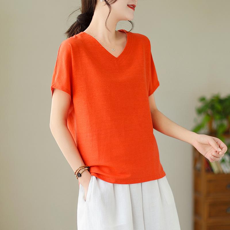Women's Linen V-Neck Short-Sleeve Retro Top - Loose Casual Summer Style