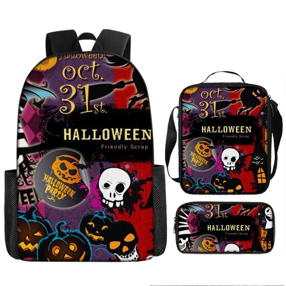 Halloween Backpack Pumpkin Ghost 3-Piece Set Schoolbag Kids Shoulder Bag Cute Bookbag for Boys Girls