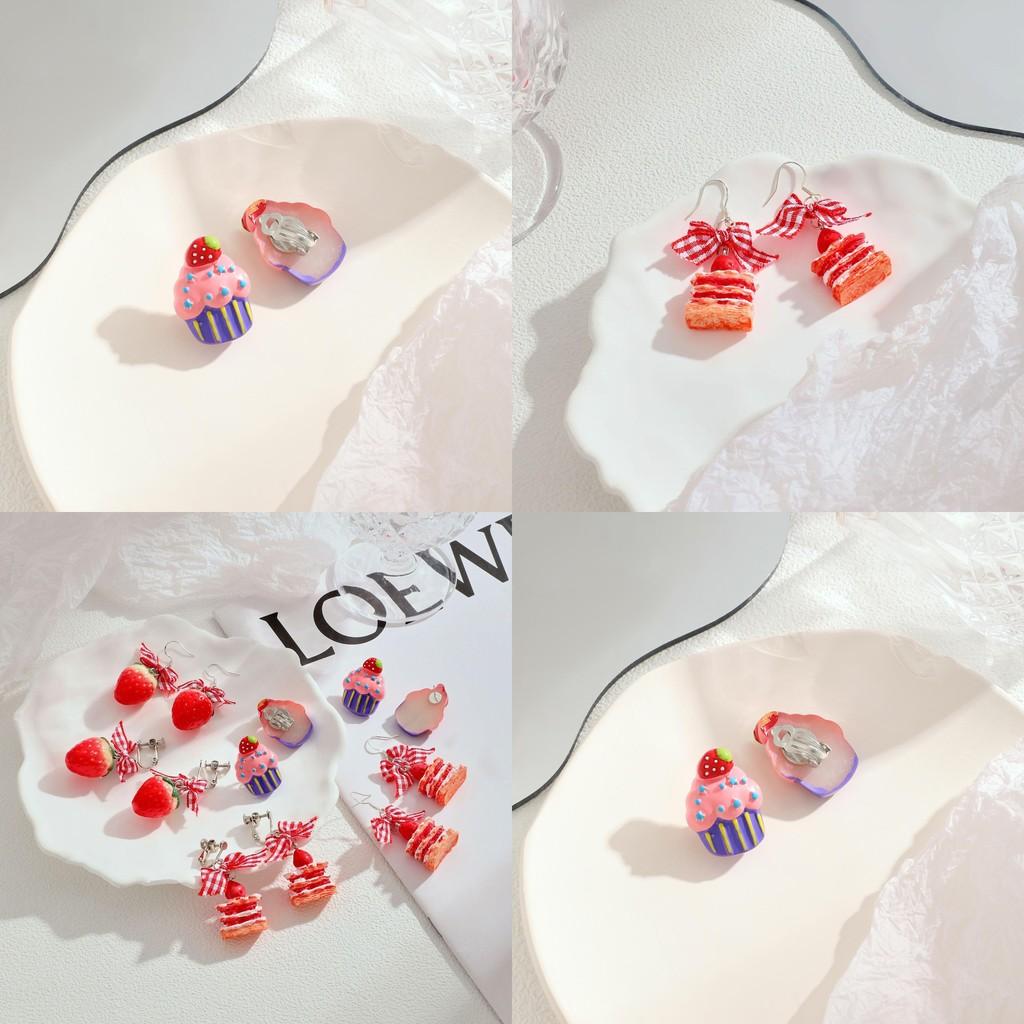 Strawberry Cake Earrings Adorable Girls Sweet Bow Design Non Pierced Ear Clips