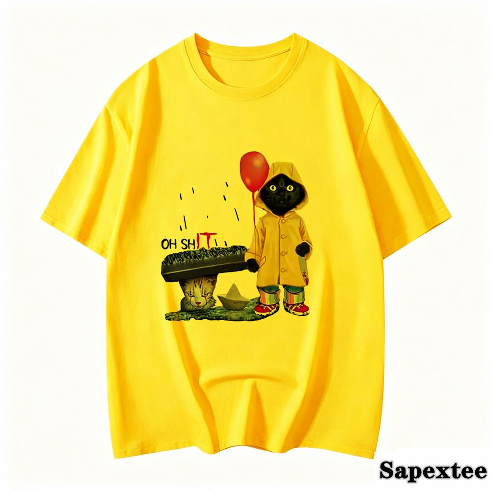 Funny Black Cat Print Tshirt For Unisex Casual White Top Harajuku Tees Female 90s Clothes