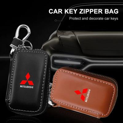Leather Car Key Case with Metal Emblem Car Interior Accessories for ASX Lancer Outlander Pajero Grandis Airtrek