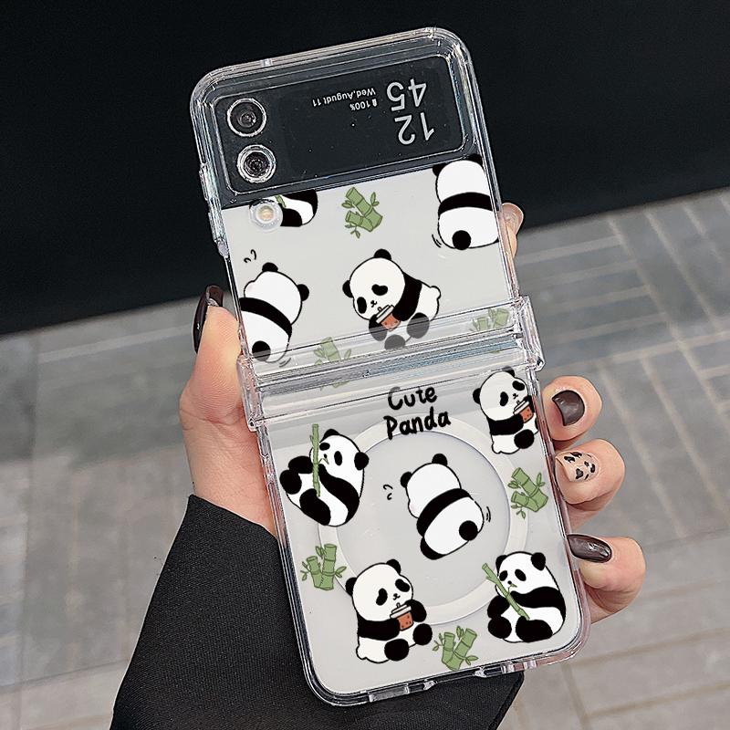 3 STÜCKE Faltbare Stoßfeste Hülle für Samsung Z Flip6 Flip5 Flip4 für Magsafe Magnetisch Cartoon Pandas Muster Transparent Hartes PC Slim Case Abdeckung