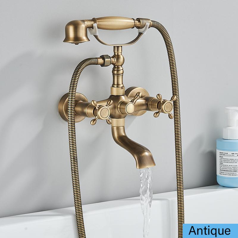 Bathroom Bathtub Faucet Dual Handles Handheld with Hand Shower Bath Shower Mixer Tap Wall Mount Swivel Spout Tub Retro Faucet