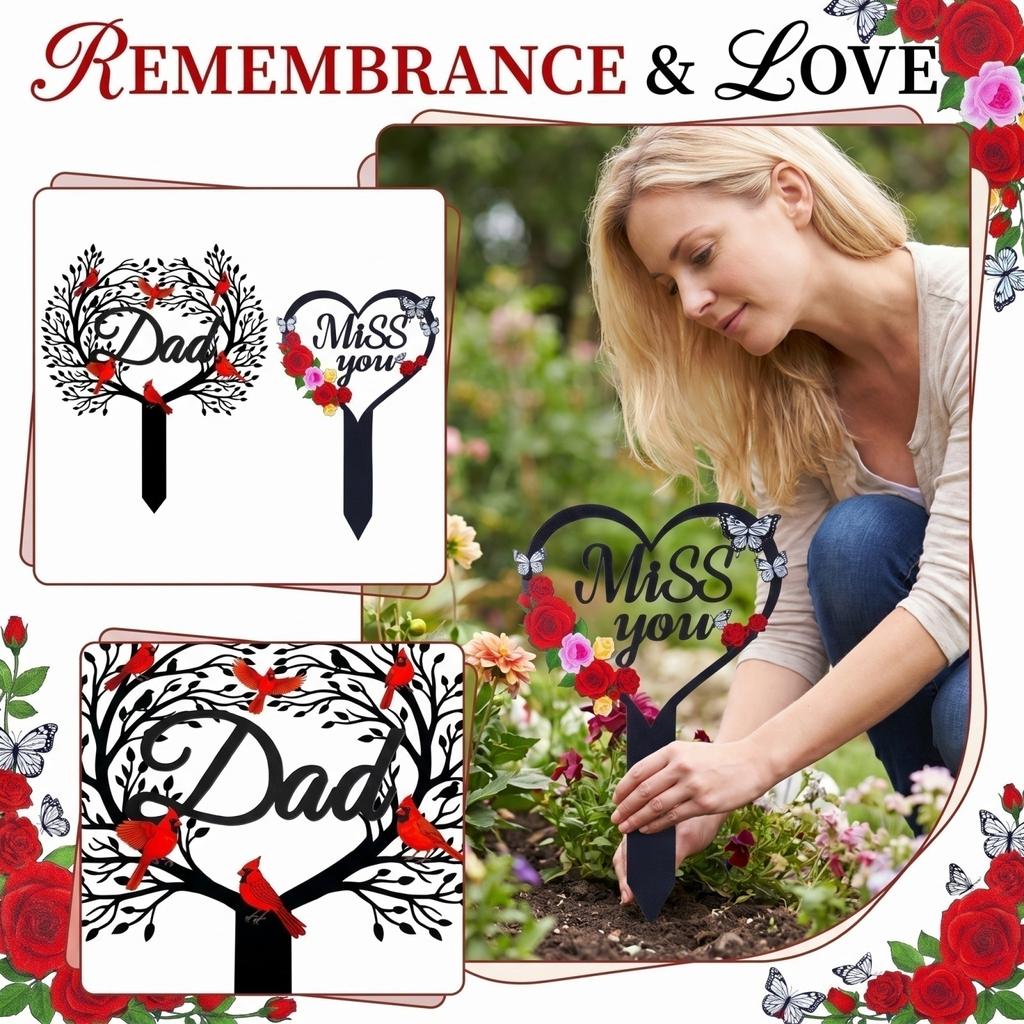 Heart Shaped Memorial Garden Stake with Floral and Butterfly Design Metal Yard Decoration for Outdoor Use Miss You Sign