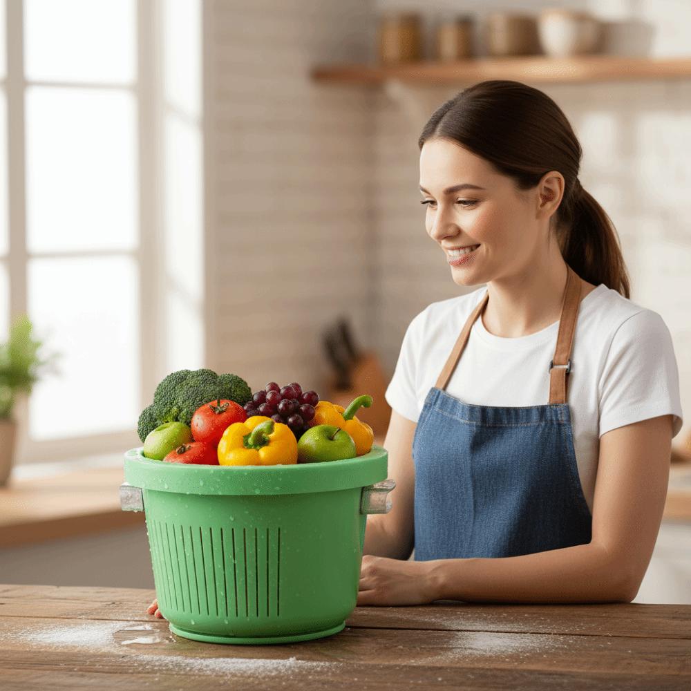Manual Vegetable Drain Basket 360°Rotatable Large Capacity Vegetable Dehydration Basket Double-layer Plastic Fruit Washing Basin