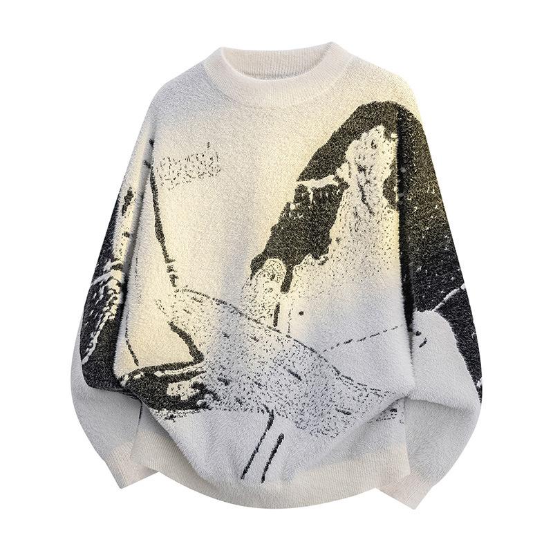 Pullovers Long Sleeves Sweaters Unisex Sweater Spring Autumn Floral Pattern Texture Round Neck Colorblocking Knitted Bottoming Retro Wool Sweater M