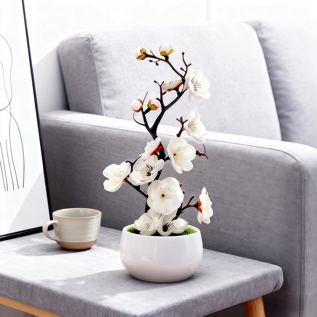 1pc Realistic Artificial Plum Blossom Bonsai, Mini Potted Tree for Home Office Desk, Maintenance-Free with White Pot, Flowers