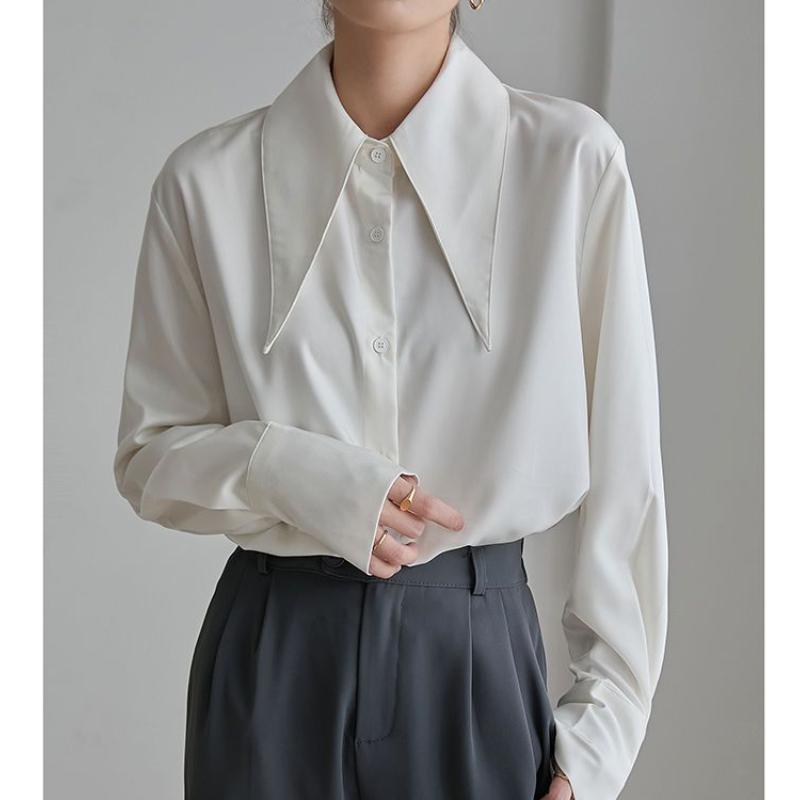 

Рубашка с заостренным воротником для женщин, свободные профессиональные женские драпированные рубашки, однотонный длинный рукав, офисный женский топ для поездок на работу XXXL