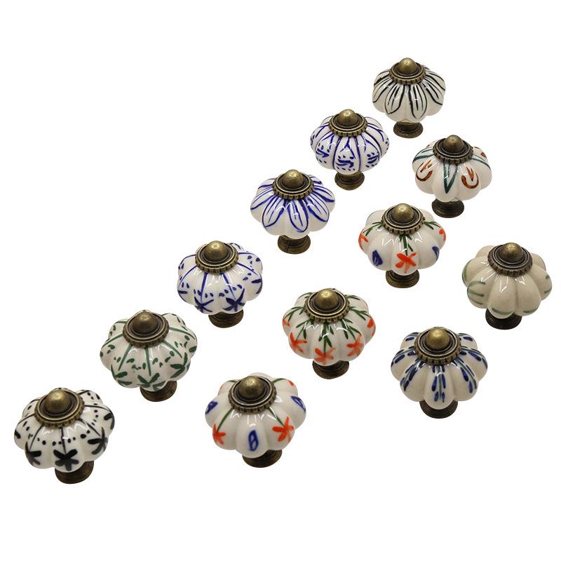 Hand-Painted Pastoral Blue and White Ceramic Pumpkin Drawer Pull