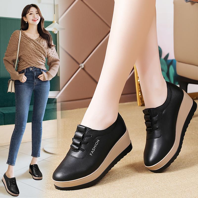 Women Square Toe Thick Soled Shoes with Lace Up Leather Solid Color Crawling Shoes Women Derby Shoes Fashionable Big Size 43