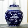 Modern Ceramic Blue and White Porcelain Antique General Jar with Lid Large General Storage Tea Caddy Countertop Home Decoration