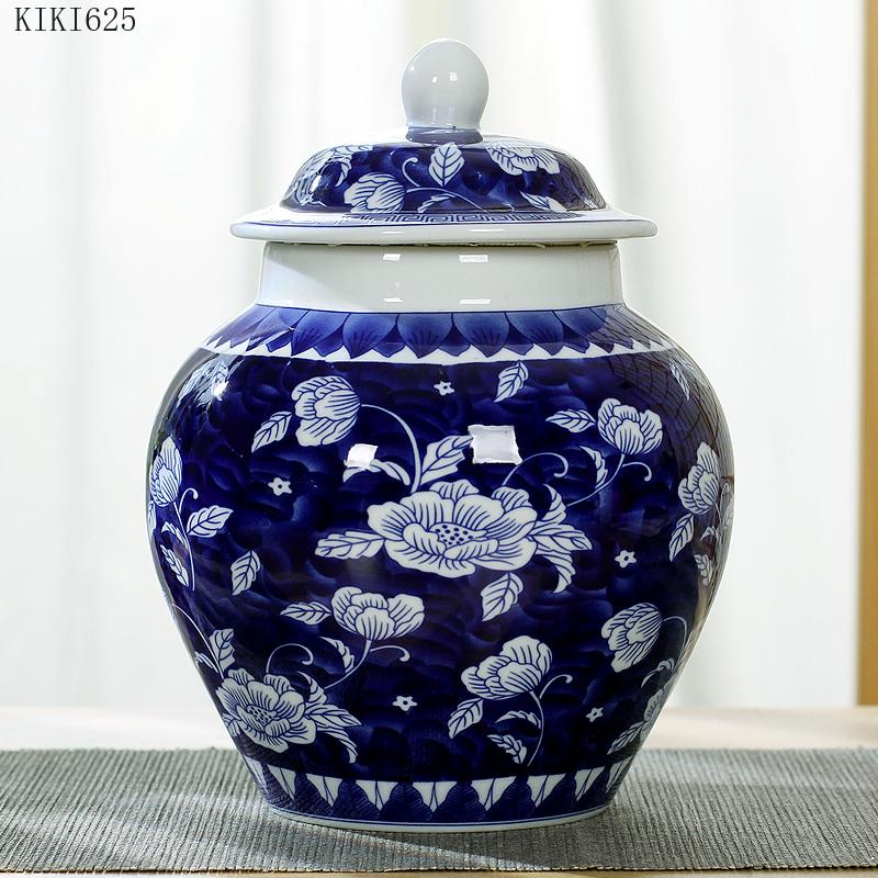 Modern Ceramic Blue and White Porcelain Antique General Jar with Lid Large General Storage Tea Caddy Countertop Home Decoration