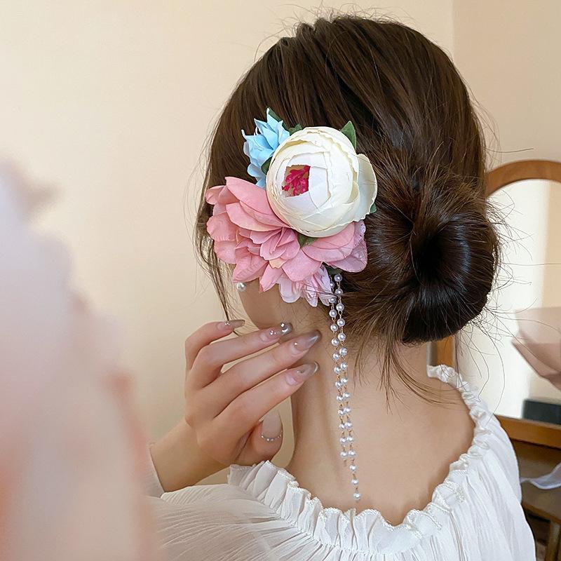 Flower Pearl Fringed Hairpin Small Fresh and Fashionable Fairy Style Hairpin Temperament Versatile High-end Hair Accessories Woman