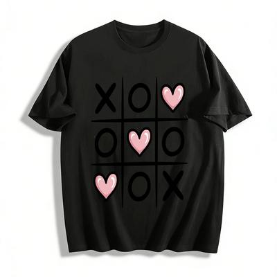 Süßes Tic Tac Toe Herz Muster Lässiges Oberteil Reines Baumwoll-T-Shirt