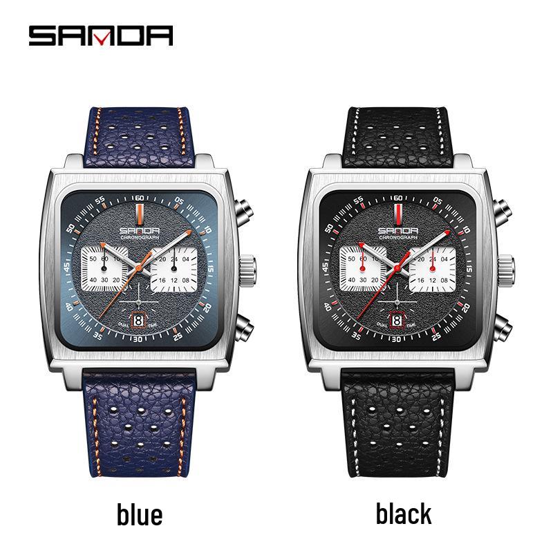 Sanda Men's Chronograph Quartz Watch: Square Dial, Three Eyes, Six Hands, Luminous, Calendar, Waterproof.