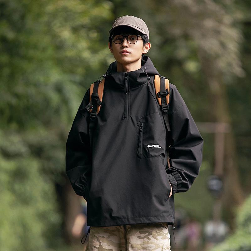 High-end Jacket Men's Spring and Autumn Retro Semi-zipper Loose American Functional Jacket Trendy Brand Hooded Tooling Jacket