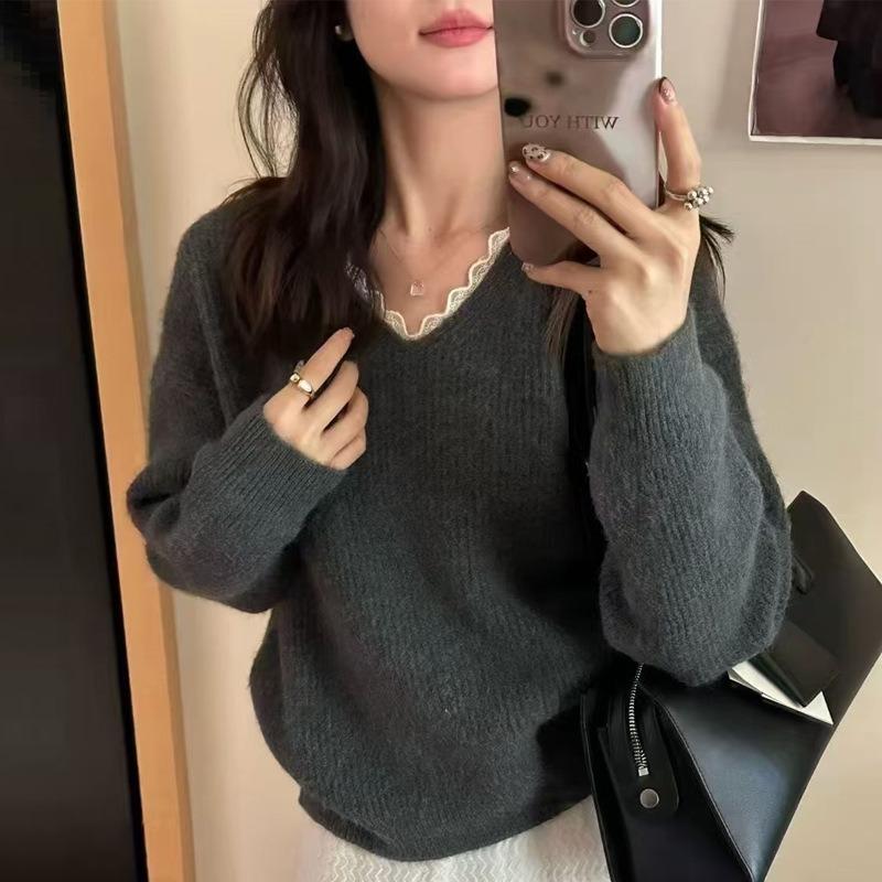 

Осенне-зимний дизайн, V-образный вырез, кружевной край, вязаный свитер, женский модный топ с длинным рукавом average size