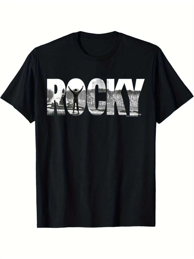 Black Rocky Movie Graphic T-shirt - Bold White Print Distressed Typography