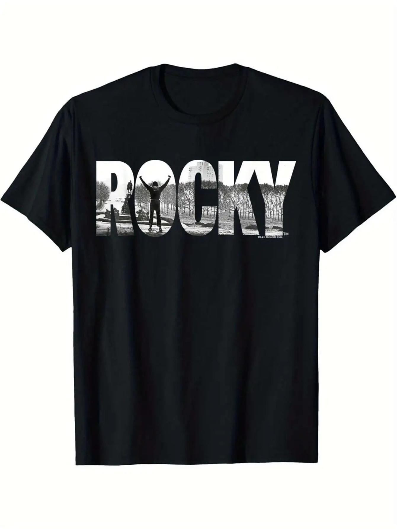 Black Rocky Movie Graphic T-shirt - Bold White Print Distressed Typography XL