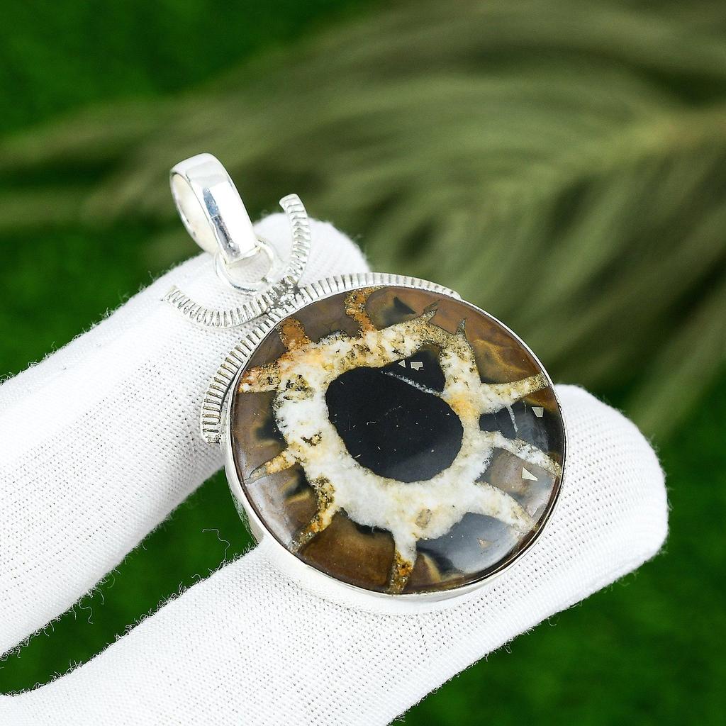 Sterling Silver Natural Moroccan Mud Crack Fossil Elegant Bezel Pendant Jewelry