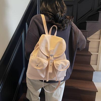 Solid Color Retro Backpack Women's 2025 New Fashion Travel Leisure Backpack Double Pocket College Bag