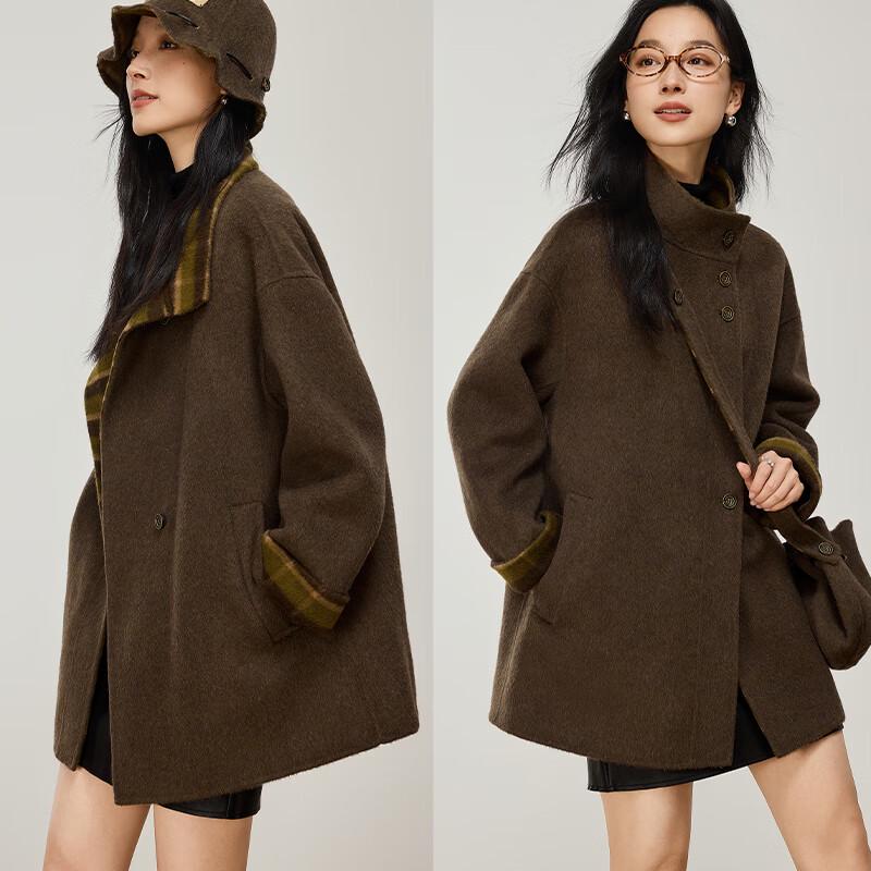 VICTORIA&VERA Women's Retro Plaid Alpaca Blend Double-faced Wool Coat