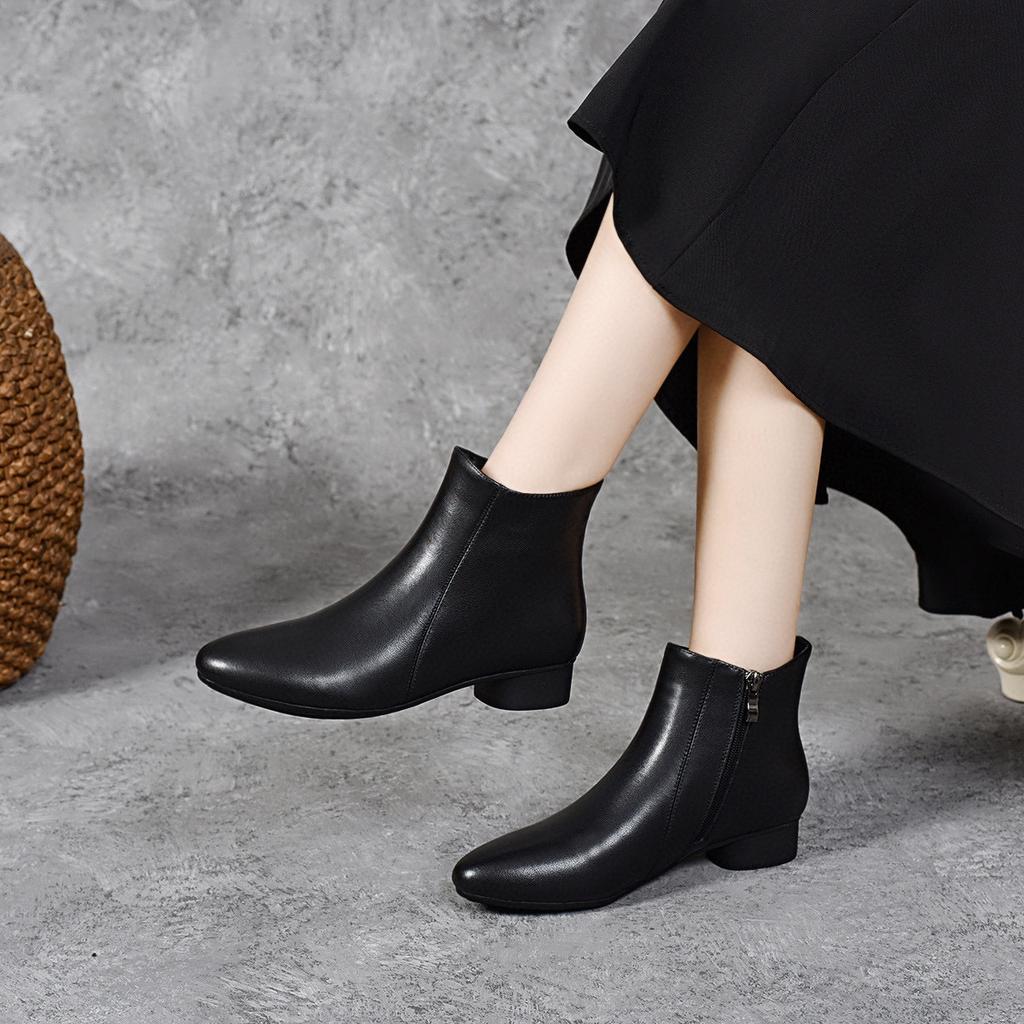 Short Boots Women's 2025 Autumn and Winter New Pointed Low-heeled Cotton Boots Simple Temperament Fashion Boots Leather Boots Cowhide Women's Ankle B