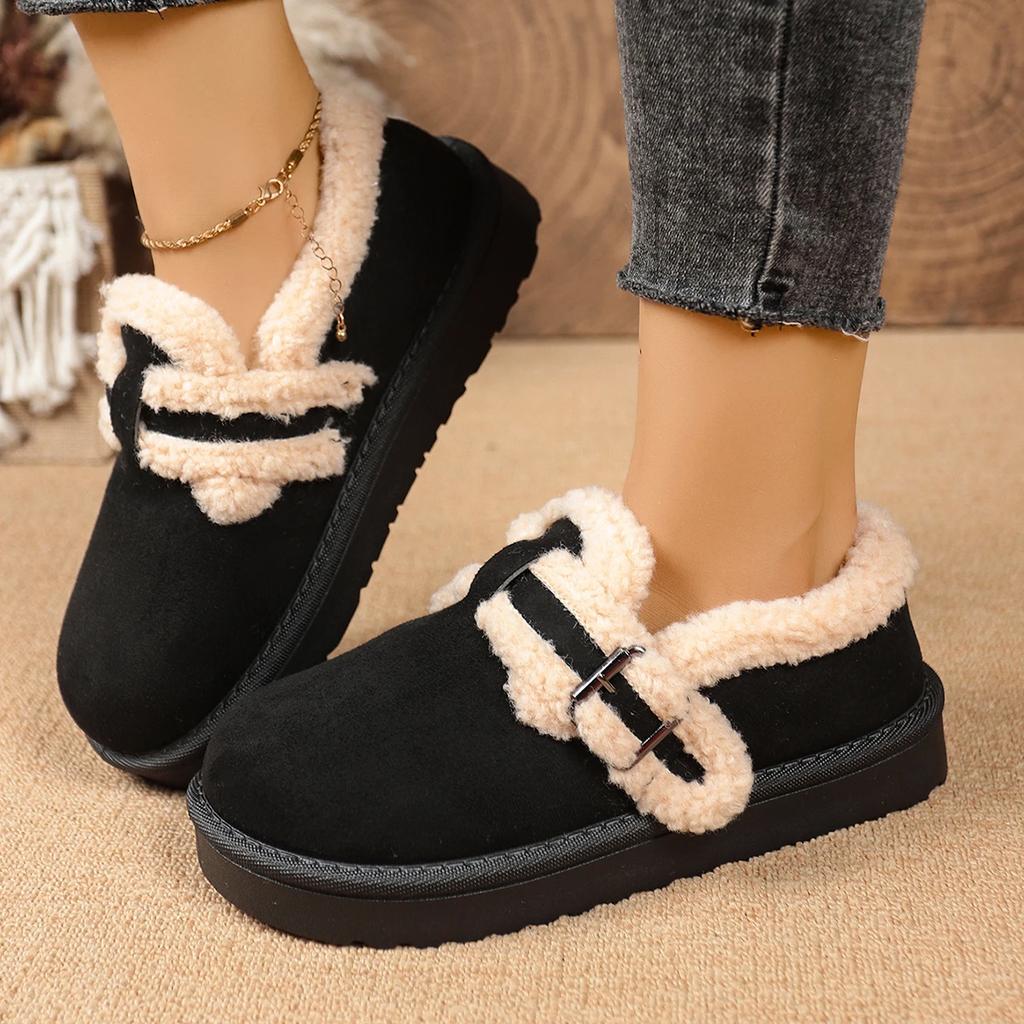 Fashion Women Boots 2025 New Fashion Faux Fur Shoes Women Thick Bottom Non Slip Ankle Boots Warm Metal Belt Buckle Snow Boots Women